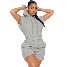 Women's Tracksuits Solid Color Fashion Casual Sports Hooded Two Piece Set Summer Tank Top And Shorts Tracksuit Outdoor Streetwear