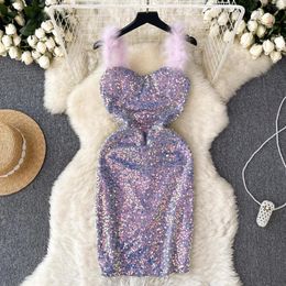 Casual Dresses Clothland Women Sexy Sequined Mini Dress Feather Straps Sleeveless Backless Slim Fit Party Club Event Vestido QC728