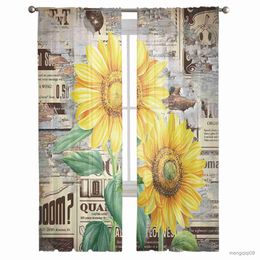 Curtain Sunflower Retro Plant Flower Tulle Curtains for Living Room Bedroom Decoration Chiffon Sheer Kitchen Window Curtain Drapes