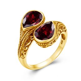 Wedding Rings Szjinao Yellow Gold Red Garnet Ring For Women Tear Drop Stones Luxury Handmade Engraved Party Jewelry Trending Gift Female 230815