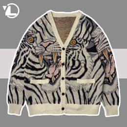 Men's Sweaters Tiger Knitted Cardigan Men Hip Hop Loose Sweater Fashion Vintage Loose Harajuku Embroidery Sweater Jackets Unisex Autumn Spring J230806