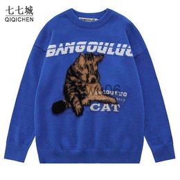 Men's Sweaters Mens Knitted Sweater Women Letter Cute Cat Flocking Street Harajuku Jumper Unisex Cartoon Hip Hop Retro Casual Pullover Spring J230806