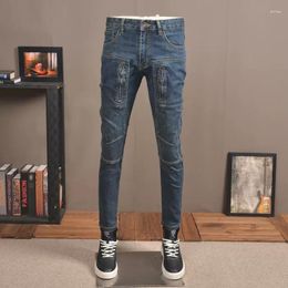 Men's Jeans Fashion Streetwear Men Retro Blue Stretch Slim Fit Spliced Biker Homme Zipper Designer Elastic Hip Hop Pants Hombre