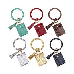 Keychains Lanyards Leather Bracelet Key Chain Plaid Buffalo Wallet Pu Wrist Round Tassel Pendant Wristbands Keychain Bracelets Clutc Dhxsj