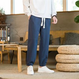 Men's Pants 2023 Summer Linen Nine Point Chinoiserie Vintage Loose Large Drawstring Leggings Streetwear Joggers Trousers Men