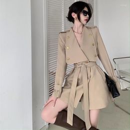 Women's Trench Coats Spring 2023 French Vintage Large Lapels Double-breasted Casual Loose Waist Tie-up Coat Wear