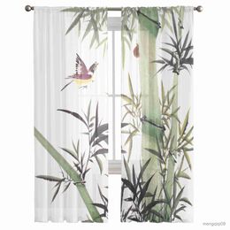 Curtain Danqing Bird Bamboo Tulle Curtains for Living Room Bedroom Decoration Chiffon Sheer Kitchen Window Curtain Drapes