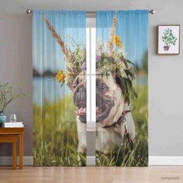 Curtain Animal Puppy Cute Spring Flower Print Design Sheer Curtains for Living Room Translucidus Tulle Curtains Bedroom Chiffon Curtains R230816