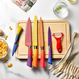 Colourful striped non stick cutting tools 6-piece gift set knife set Utility Multifunctional GRATER Fruit knife Bread knife Chef knife