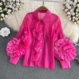 Women's Blouses European And American Lapel Single-breasted Ruffled Stitching Three-dimensional Flower Loose Shirt Top Spring