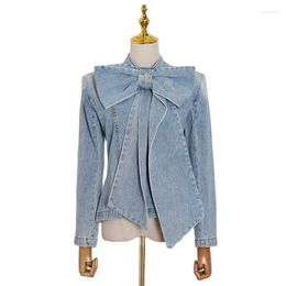 Women's Jackets 2023 Autumn Spicy Girls Street Fashion Personalized Bow Decoration Panel Zipper Washed Denim Jacket