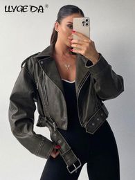 Womens Jackets Womens Leather Jacket Bomber Belt Gradient Washed Coats Vintage Turn Down Collar Zipper Short Coat Female Casual Spring Jackets 230815