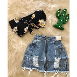 Clothing Sets 1-6Y Infant Kids Baby Girls 2Pcs Summer Fashion Clothes Set Bowknot Sunflower Crops Tops Vest Ripped Denim Skirts Outfits