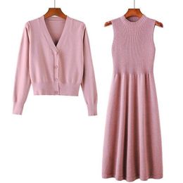 Two Piece Dress Winter 2 Piece Sets Womens Outfits Knitted Two Pieces Suit Female Solid Cardigan Vest Dress Casual Suit Sexy Ladies Skirt Sets 230815
