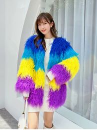High Quality Winter Coat Women Rainbow Fluffy Faux Fur Coat Women Luxury Mid Long Oversize Ladies Coats and Jackets
