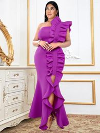 Plus Size Dresses Purple One Shoulder For Women Sleeveless Ruffles Asymmetrical Fishtail Birthday Wedding Guest Evening Vestidos