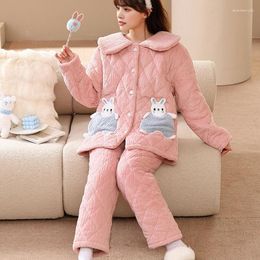 Women's Sleepwear 2023 Autumn Winter Coral Velvet Pyjamas Women Three Layers Of Plush Thickened Cotton Jacket Cotton-padded Loungewear Suit