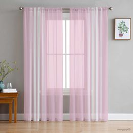 Curtain Pink Stripes Rustic Farmhouse Tulle Sheer Curtains for Bedroom Kitchen Decor Curtains Hotel Feastival Drapes R230816