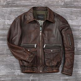 Men's Jackets Men Stone Distressed Genuine Leather Jacket Top Layer Cowhide Air Force Flight Jackets Vintage Fashion Redbrown Corium Coat 230815