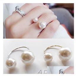 With Side Stones European And American Luxury Adjustable Pearl Ring 925 Sier Elegant Double For Women Girls Drop Delivery Jewellery Dhhtn