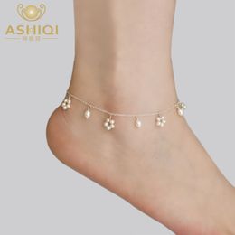 Anklets ASHIIQI Natural Freshwater Pearl Anklet for Women Real 925 Sterling Silver Handmade Jewellery Wedding 230816