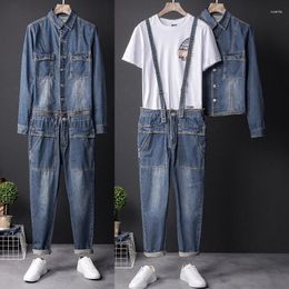 Men's Pants Jeans Overalls Y2k Denim Jumpsuits Long Sleeve Fashion Hip Hop Blue Detachable Zipper Cargo Workwear Trousers