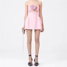 Casual Dresses Elegant Party For Women 2023 Summer Korean 3D Floral Decoration Hollowed Out Hip Wrap Skirt Sexy Slim Open Back Top