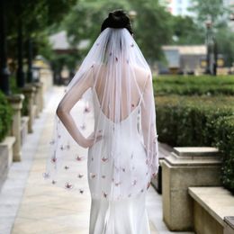 Bridal Veils V24 Elegant Veil With Pink Butterfly-Flower Applique White Ivory Soft Tulle Bride For Women Marriage Wedding