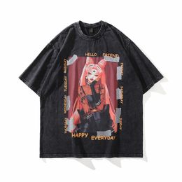 Japanese Section Anime Vintage Washed Streetwer Oversized Hip-pop Cartoon Men Shirts High Quality Summer Fashion Causal T-shirts