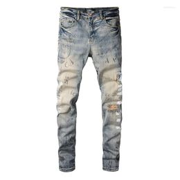 Men's Jeans Blue Yellow Letters Graffiti Print Distressed Slim High Stretch Moustache Skinny Ripped Streetwear Fashion Printing