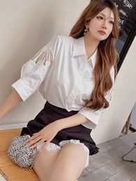 Women's Blouses Dabuwawa Hollow Out Shirt 2023 Summer Lace Half Sleeve Blouse Casual Office Lady Top DM1BST065