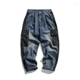 Men's Jeans Men Loose Casual Splice Denim Cargo Pants Male Japan Streetwear Fashion Vintage Wide Leg Harem Trousers