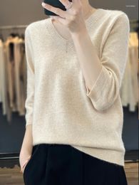 Women's Sweaters Early Spring Cashmere Sweater V-neck Three-Qarter Sleeve Loose Pullover Pure Wool Knitting Short-sleeve Bottom