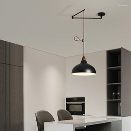 Chandeliers Nordic Dining Table Retractable Rocker Arm Hanging Lamp Simple Modern Black White Folding Long Pole Chandelier LED