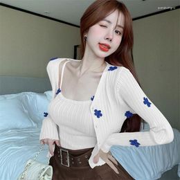 Women's Knits Korean Sweet 3d Floral Long Sleeve Knitted Cardigans Y2k Aesthetics Slim Fit Vest For Women Summer E-Girl Two Piece Sets