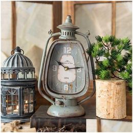 Desk Table Clocks Antique Grey Handle Candle Lantern Shape Iron Clock European Farm House Home Garden Tabletop Decor Metal With Ro Dhhfj