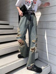 Women's Pants 2023 Fashion Ripped Jeans Femme Autumn Women Harajuku Gothic Trousers Streetwear Cute High Waist Chinese Cartoon Girl