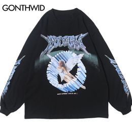 Men's T-Shirts GONTHWID Creative 3D Angel Print Long Sleeve Tees Shirts Streetwear Hip Hop Hipster Casual Loose Tshirts Men Fashion Tops 230815