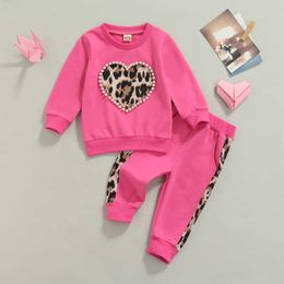 Clothing Sets Toddler Fall Clothing Girl Clothes Set Heart Shape Bead Decoration Pullover Tops Leopard Print Trousers Casual Outfit