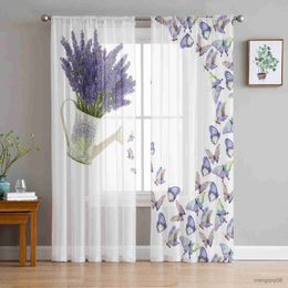 Curtain Lavender Butterfly Watering Can Tulle Curtains for Living Room Home Bedroom Kitchen Chiffon Sheer Curtains Printed Curtain R230816