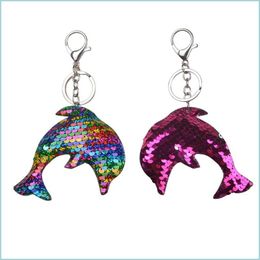 Keychains Lanyards Size 8X14Cm Creative Lovely Sequin Dolphin Keychain Glitter Key Rings Gifts For Women Car Bag Pendant Accessories Dh1E5