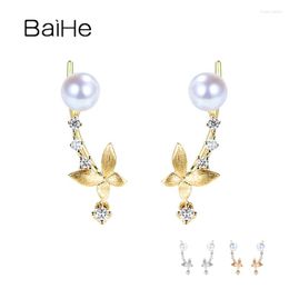 Stud Earrings BAIHE Solid 14K White/Yellow/Rose Gold Natural Diamond Freshwater Pearl Butterfly Women Ear Clip Trendy Fine Jewellery