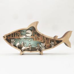 Tents and Shelters Marine Animal Wooden Handicraft Creative Wind Carving Fish Table Decoration With Light 3D In Home Room 230815