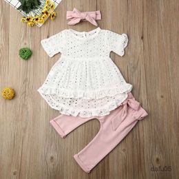 Clothing Sets Infant Newborn Baby Girl Clothes Set Short Sleeve White Top T-Shirt Bow Pants Trousers Outfit Summer Baby Girl Clothing R230816