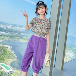 Clothing Sets New Kids Fashion Clothes Set Summer Girls Short Sleeve Piece Floral Top Pant Sets Purple Sports Suit for Children Clothing