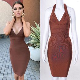 Casual Dresses Fashion Women Halter Neck Sexy Pink Beige Rayon Bodycon Bandage Dress 2023 Knitted Knee Length Elegant Celebrity Party