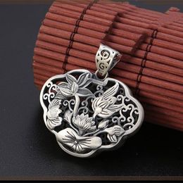 Pendant Necklaces 925 Sterling Silver Engraved Longevity Lock Shape Lotus Pendant for Yoga Meditation Necklace 230815