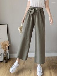 Women's Pants Cotton Wide Leg 2023 Autumn Bow Tie Design Elastic Waist Ankle-Length Pant Loose Casual Straight Trousers