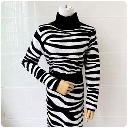 Women's Sweaters Winter Two Piece Set Warm Jumpers Pulls Long Sleeve Top Zebra Striped Turtleneck Sweater Sets Womens Outfits Skirts