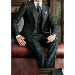Tuxedos Customise Groom Peak Lapel Dark Green Cheque Clothing Party Prom Dress Dinner Business Suits Blazer W1479 Drop Delivery Events Dhpxw